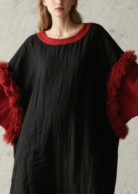 Round Neck Colorblock Faux Fur Trim Crinkle Texture Oversized Maxi Dress 2