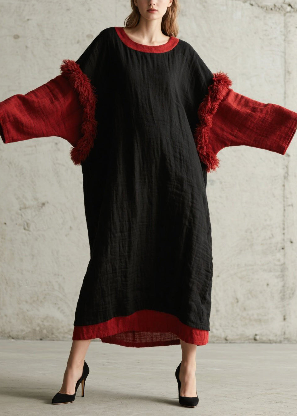 Round Neck Colorblock Faux Fur Trim Crinkle Texture Oversized Maxi Dress 3