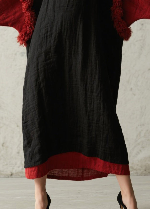 Round Neck Colorblock Faux Fur Trim Crinkle Texture Oversized Maxi Dress 4