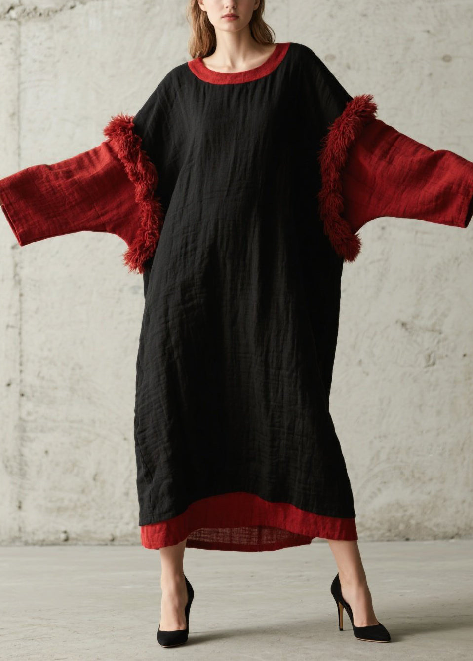 Round Neck Colorblock Faux Fur Trim Crinkle Texture Oversized Maxi Dress 5
