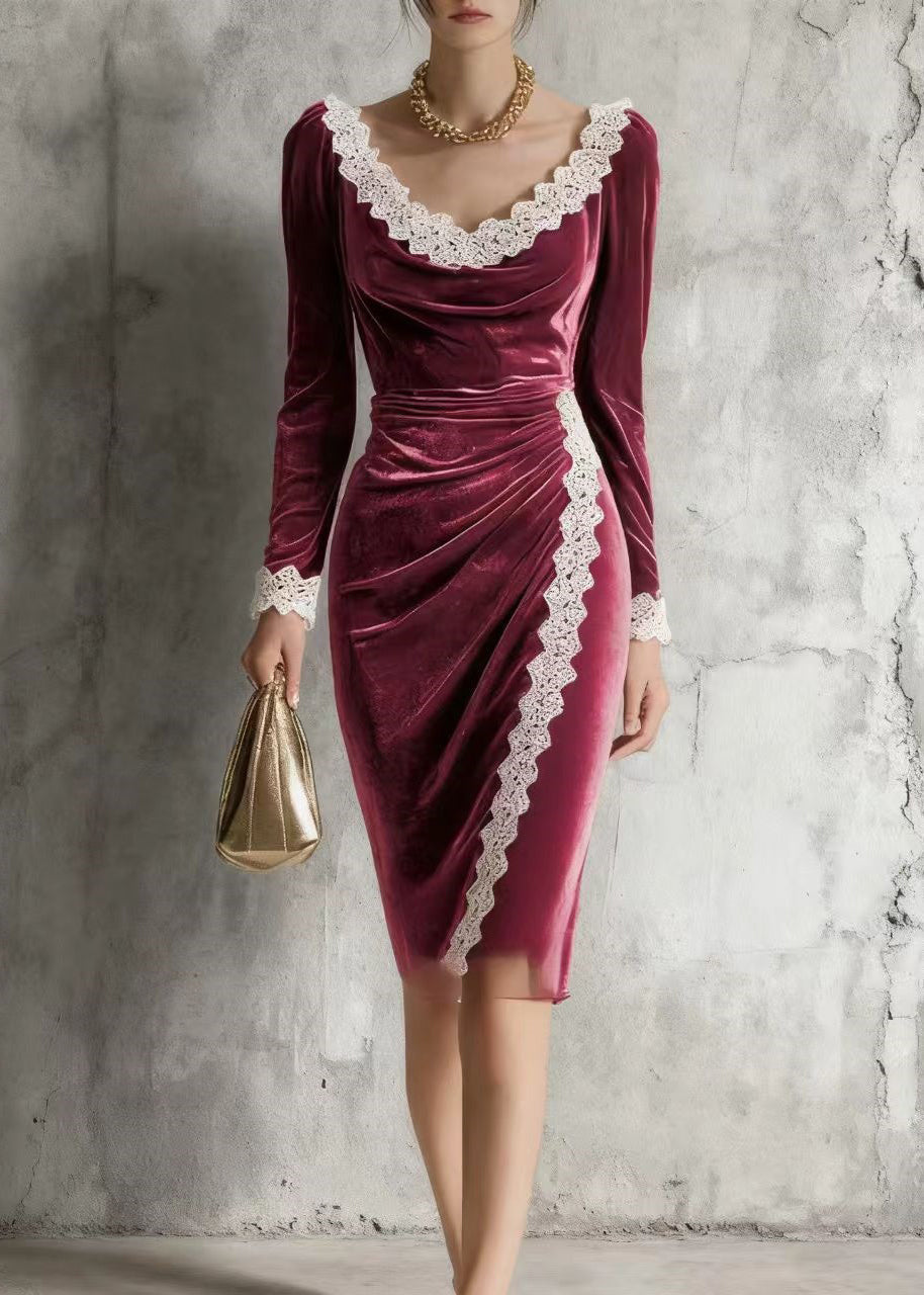 Round Neck Lace Trim Side Ruching Diagonal Lace Panel Velvet Midi Dress