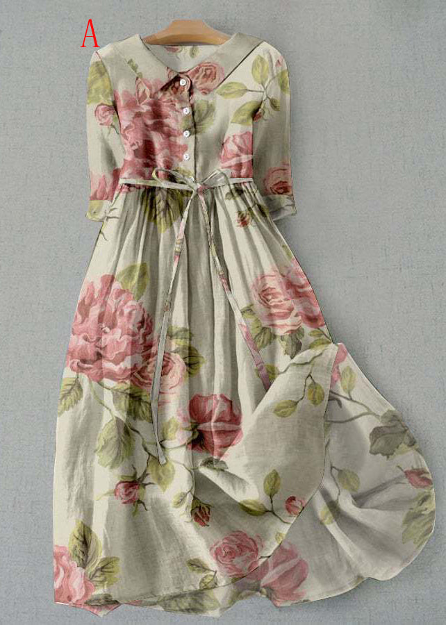 Peter Pan Collar Floral Print Lace Up Cotton Maxi Dress