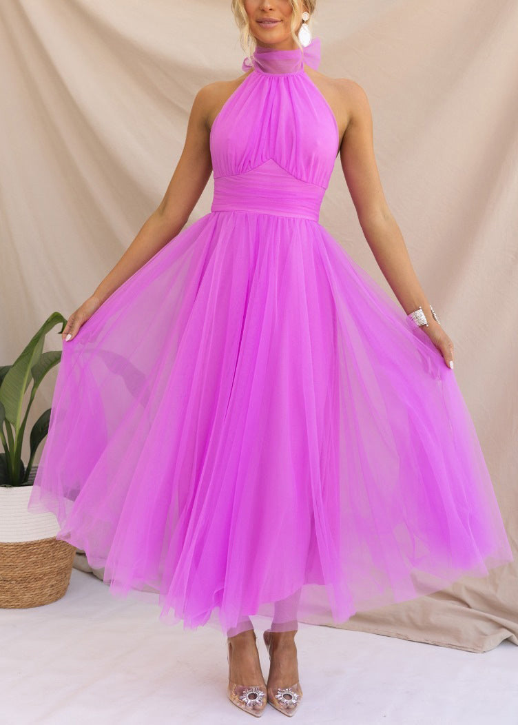 Halter Neck Mesh Collar Bow Tiered Tulle Midi Dress