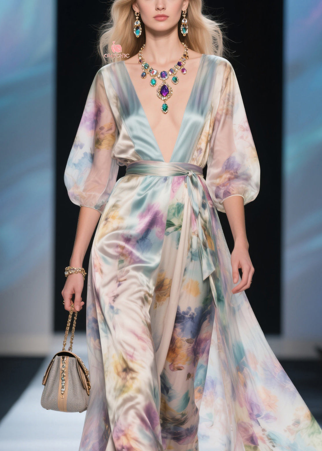 Deep V-Neck Puff Sleeve Tie Waist Watercolor Print Maxi Dress 2