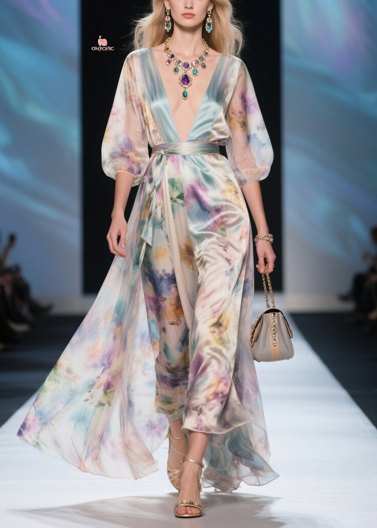 Deep V-Neck Puff Sleeve Tie Waist Watercolor Print Maxi Dress 3