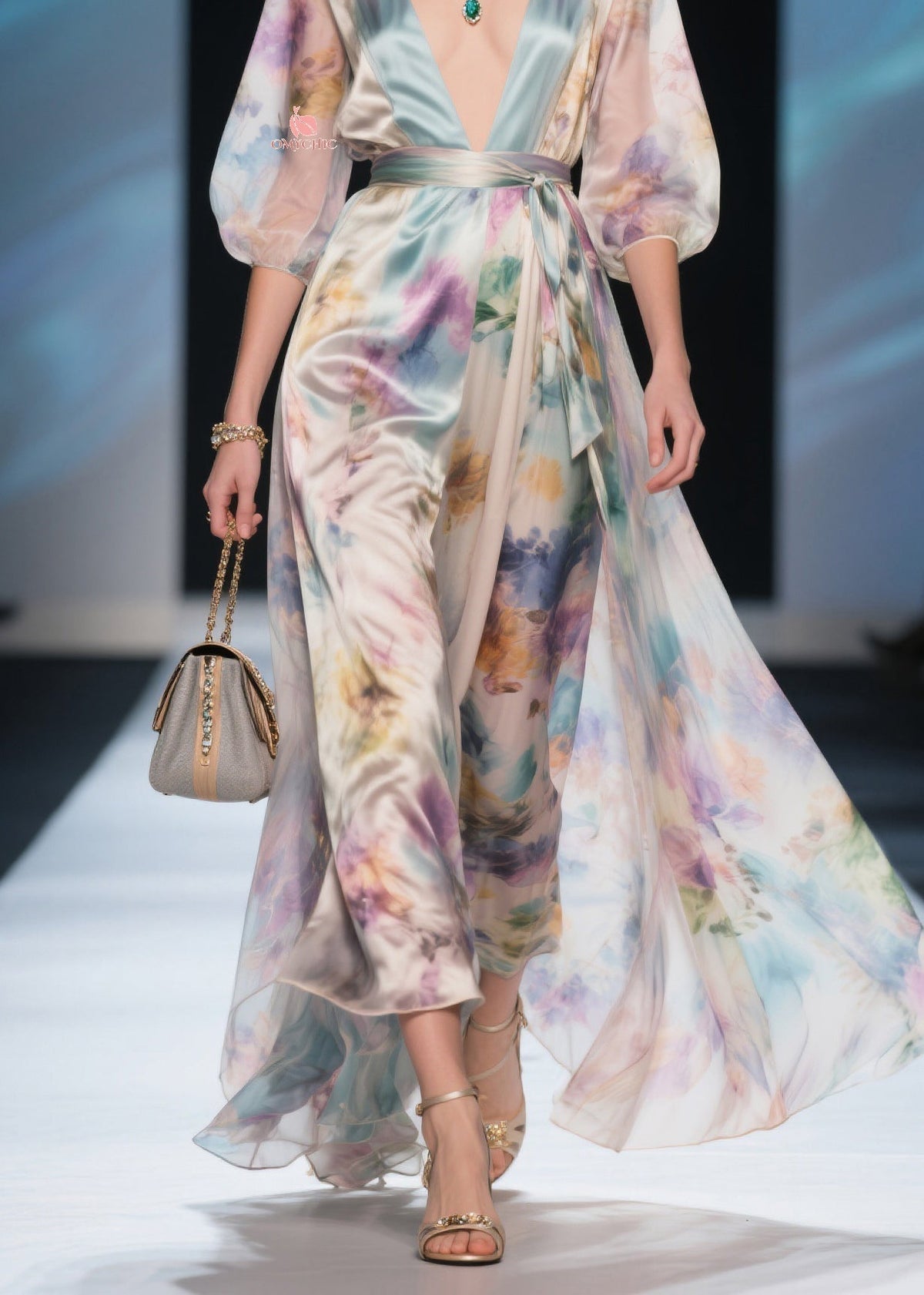 Deep V-Neck Puff Sleeve Tie Waist Watercolor Print Maxi Dress 4