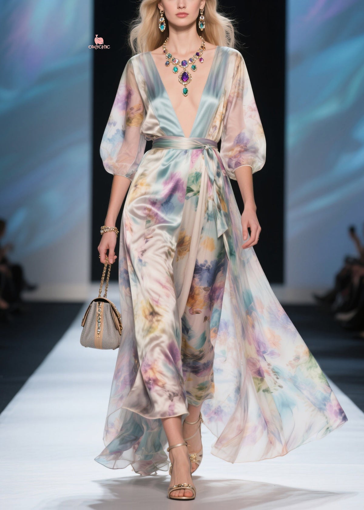 Deep V-Neck Puff Sleeve Tie Waist Watercolor Print Maxi Dress 5