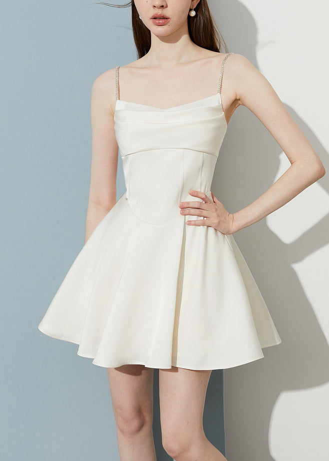 Straight Neck Crystal Strap Draped Fold Bodice Pleated Skater Mini Dress