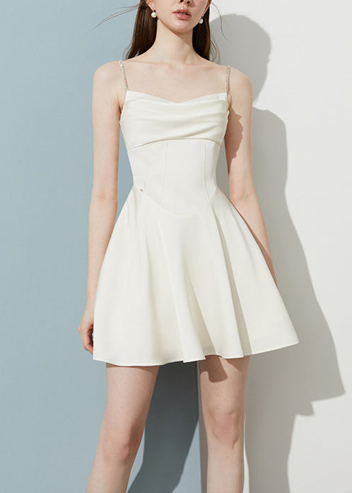 Straight Neck Crystal Strap Draped Fold Bodice Pleated Skater Mini Dress 3