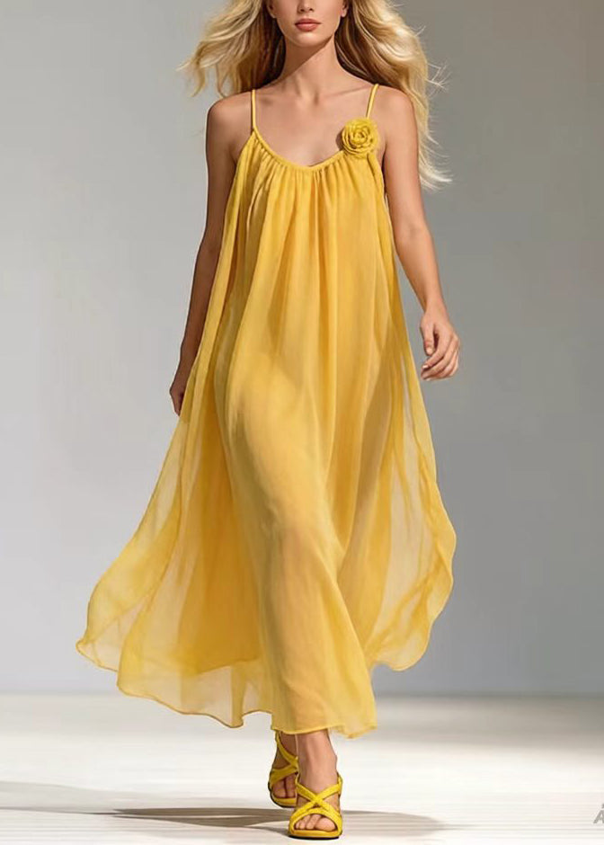 Spaghetti Strap Gathered V-Neck Floral Rosette Applique Chiffon Maxi Dress 5