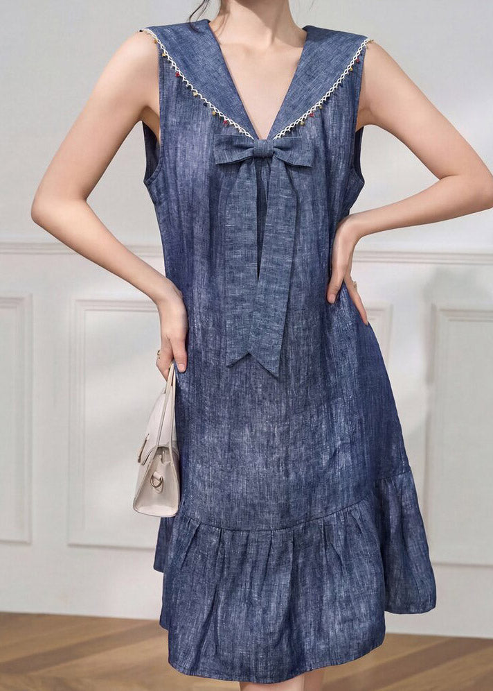 Deep V Neck Sailor Collar Lace Trim Bow Flounce Hem Linen Shift Dress