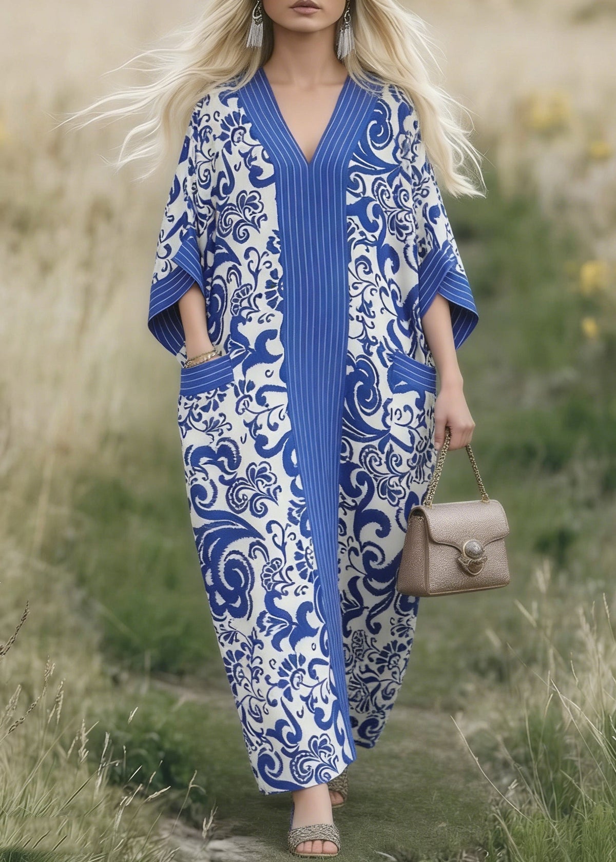 Deep V-Neck Pinstripe Panel Paisley Print Pocket Kaftan Maxi Dress 3