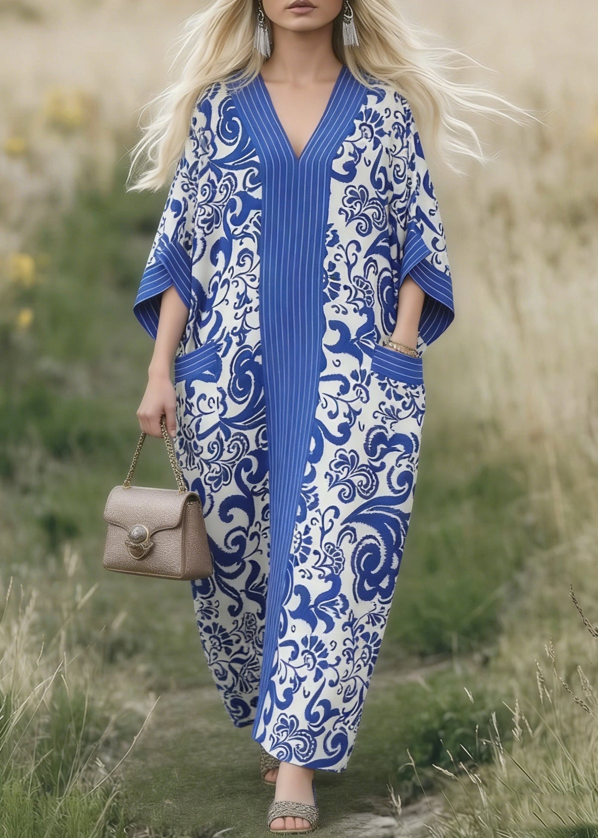 Deep V-Neck Pinstripe Panel Paisley Print Pocket Kaftan Maxi Dress 5