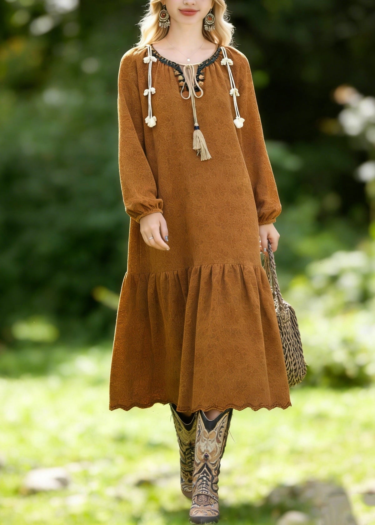 Round Neck Beaded Collar Bishop Sleeve Ruffle Tier Jacquard Midi Dress