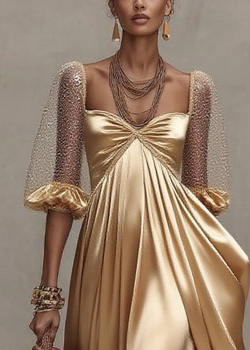 Sweetheart Neck Sheer Puff Sleeve Pleated Satin Tiered Ruffle Maxi Dress 2