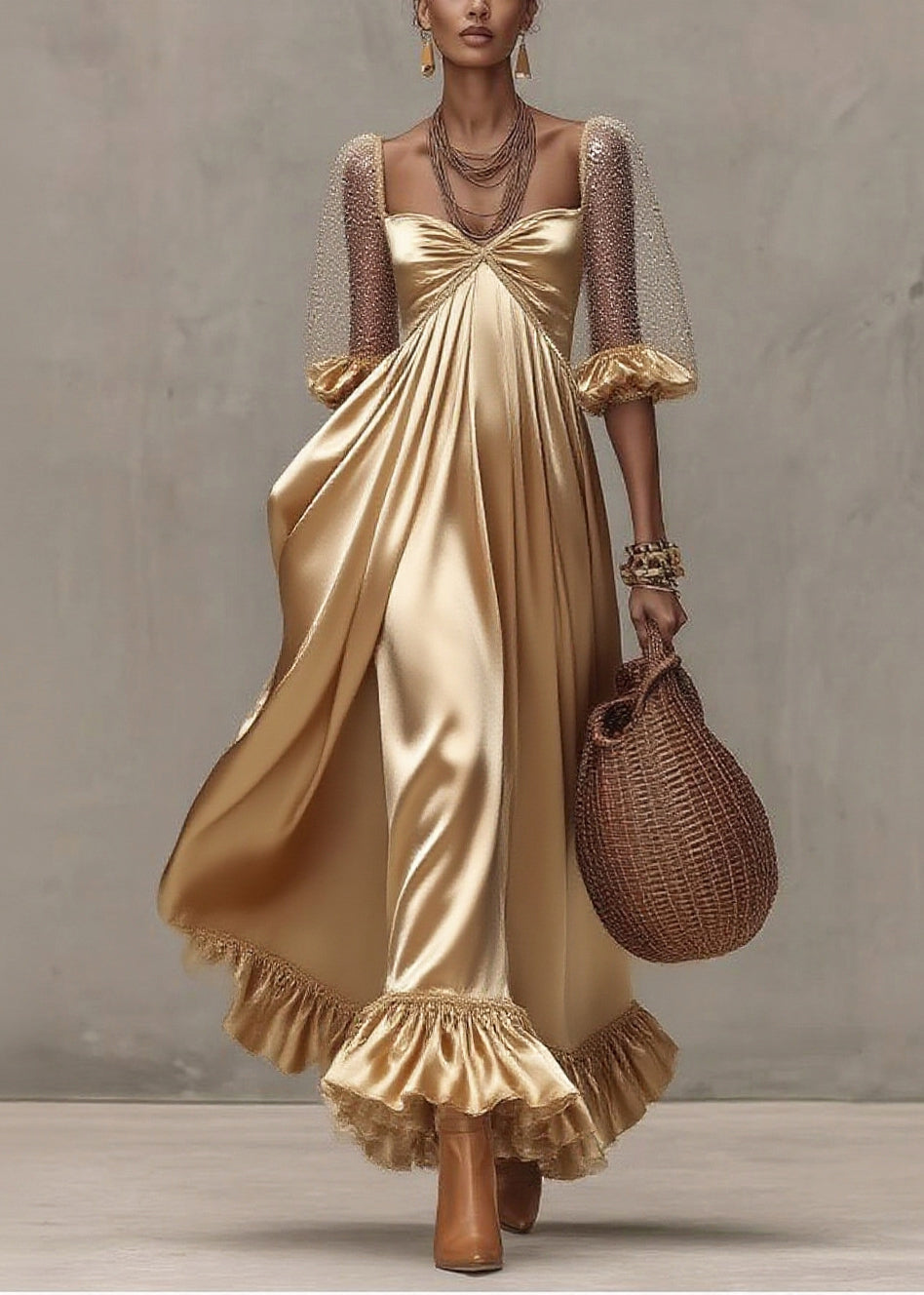 Sweetheart Neck Sheer Puff Sleeve Pleated Satin Tiered Ruffle Maxi Dress 3