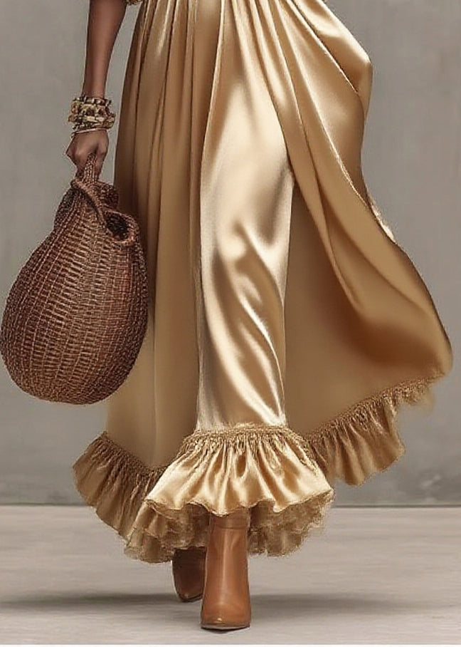 Sweetheart Neck Sheer Puff Sleeve Pleated Satin Tiered Ruffle Maxi Dress 4