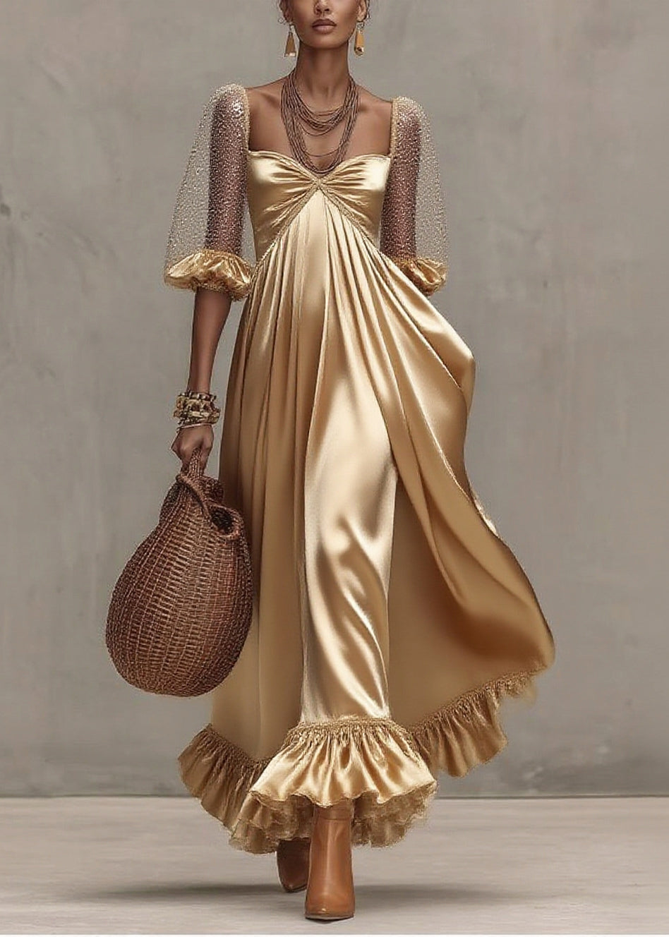 Sweetheart Neck Sheer Puff Sleeve Pleated Satin Tiered Ruffle Maxi Dress 5