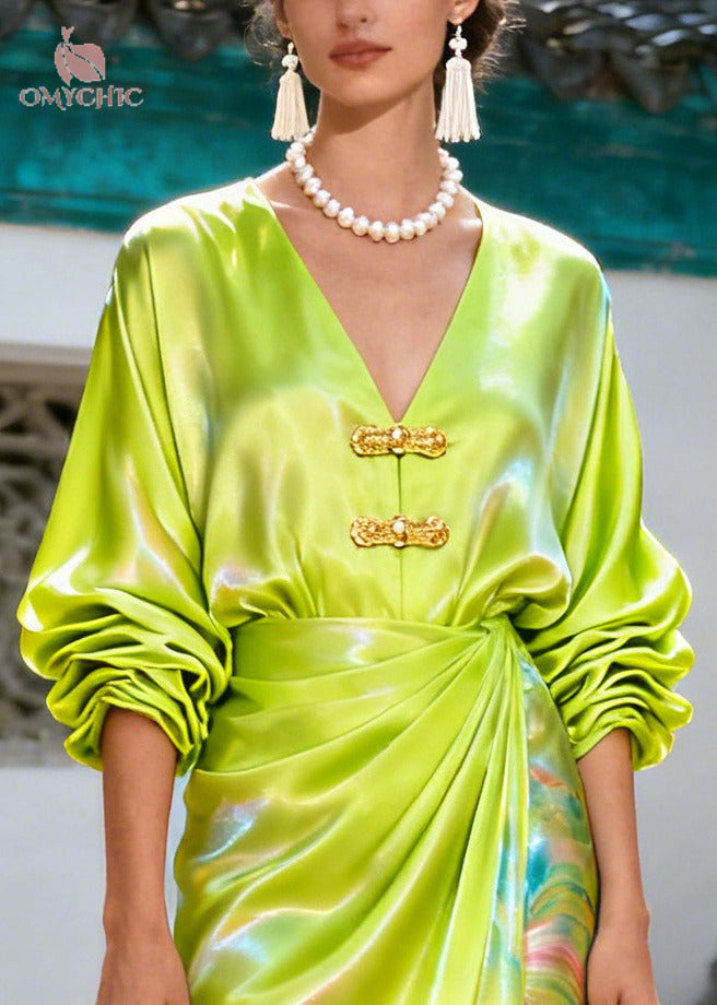 Deep V-Neck Frog Button Puff Sleeve Oriental Landscape Print Satin Maxi Dress 2
