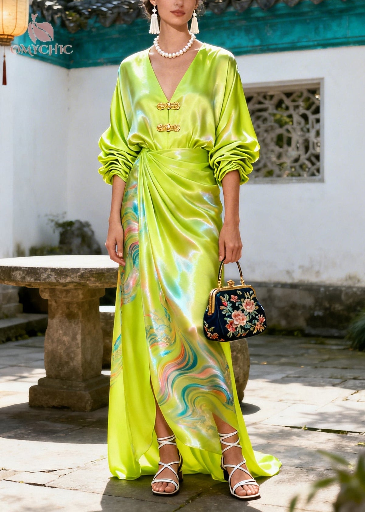 Deep V-Neck Frog Button Puff Sleeve Oriental Landscape Print Satin Maxi Dress 3
