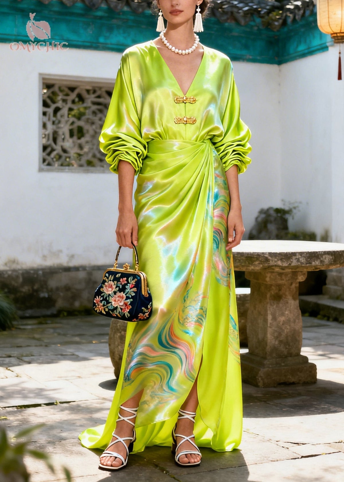 Deep V-Neck Frog Button Puff Sleeve Oriental Landscape Print Satin Maxi Dress 5