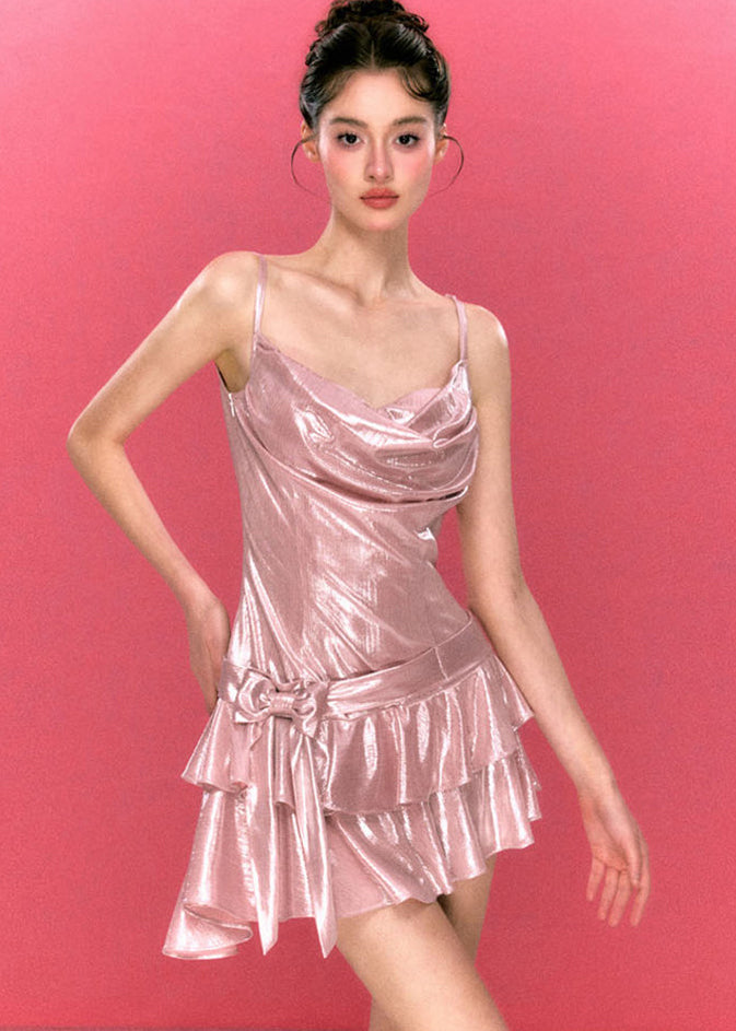 Cowl Neck Metallic Spaghetti Strap Bow Drop Waist Tiered Mini Dress