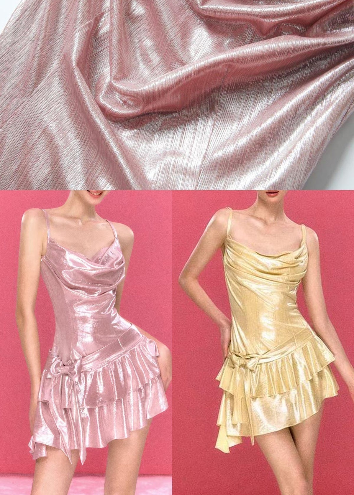 Cowl Neck Metallic Spaghetti Strap Bow Drop Waist Tiered Mini Dress 5