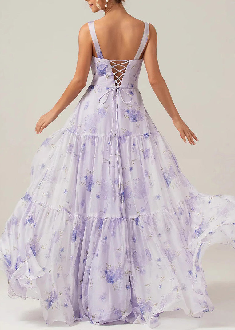 Deep V-Neck Lace-Up Back Tiered Floral Print Chiffon Maxi Gown