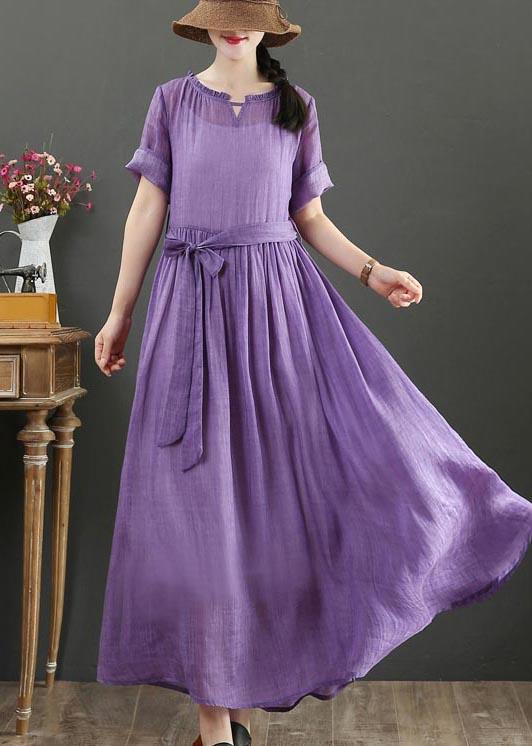 Round Neck Ruffle Trim Cuffed Sleeve Tie Waist Textured Maxi Dress