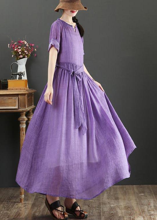 Round Neck Ruffle Trim Cuffed Sleeve Tie Waist Textured Maxi Dress 2