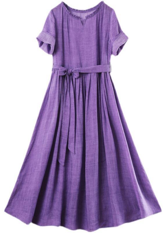 Round Neck Ruffle Trim Cuffed Sleeve Tie Waist Textured Maxi Dress 3