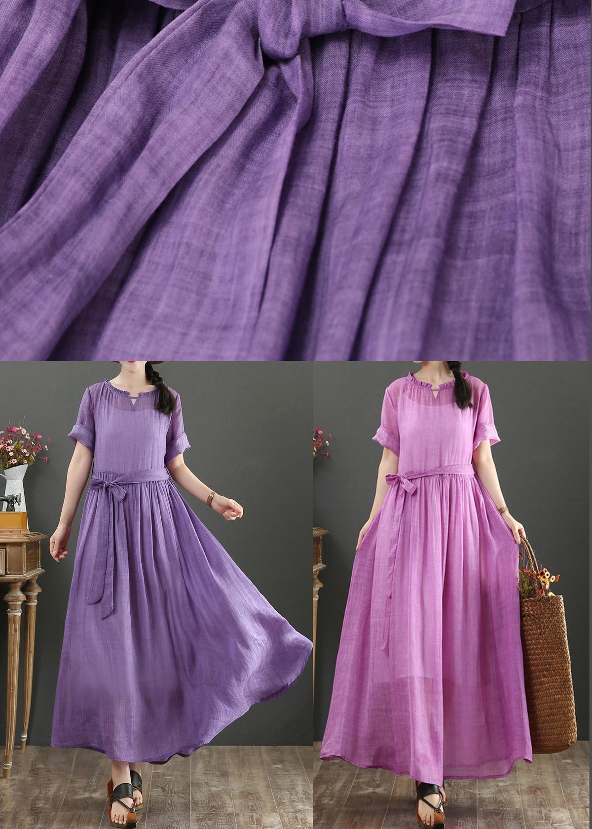 Round Neck Ruffle Trim Cuffed Sleeve Tie Waist Textured Maxi Dress 5