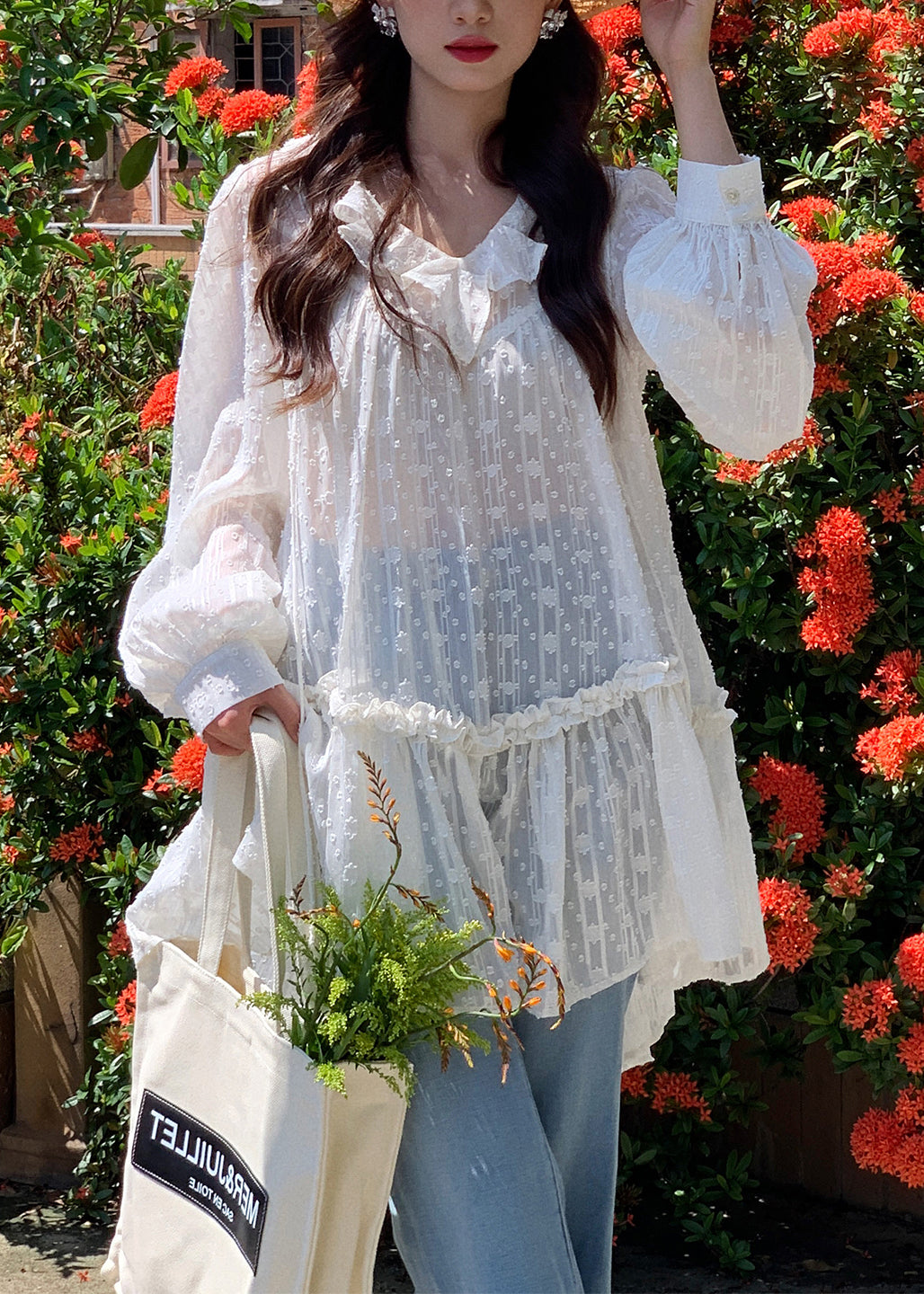 Swiss Dot Ruffled V-Neck Bishop Sleeve Tunic Top