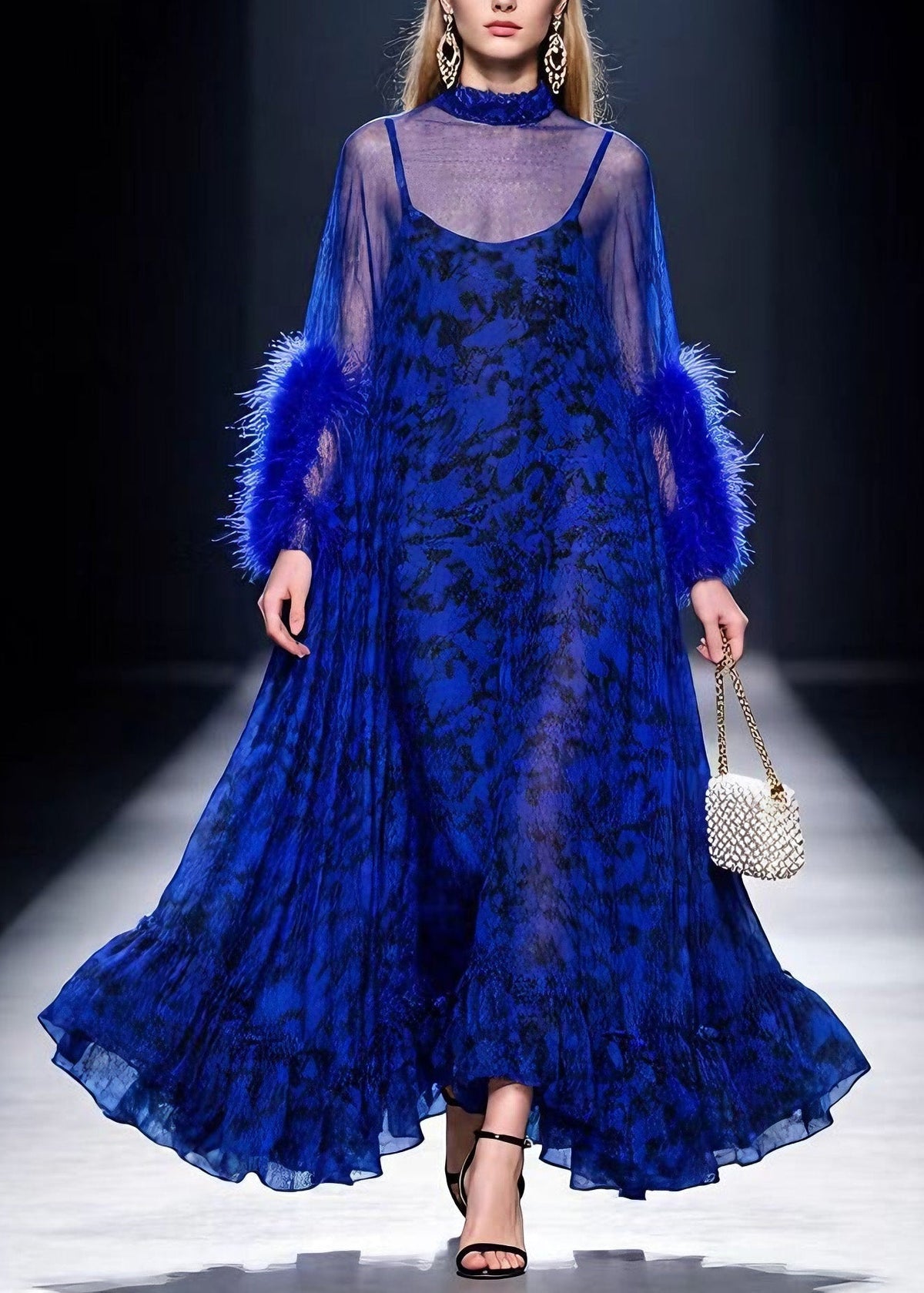 Mock Neck Feather Cuff Abstract Print Sheer Tiered Maxi Gown 3