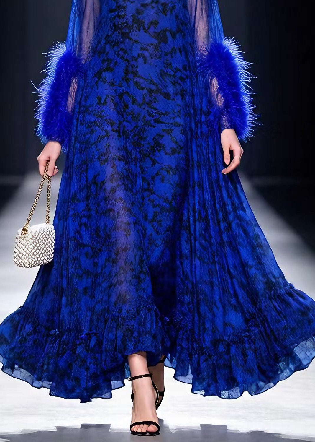 Mock Neck Feather Cuff Abstract Print Sheer Tiered Maxi Gown 4