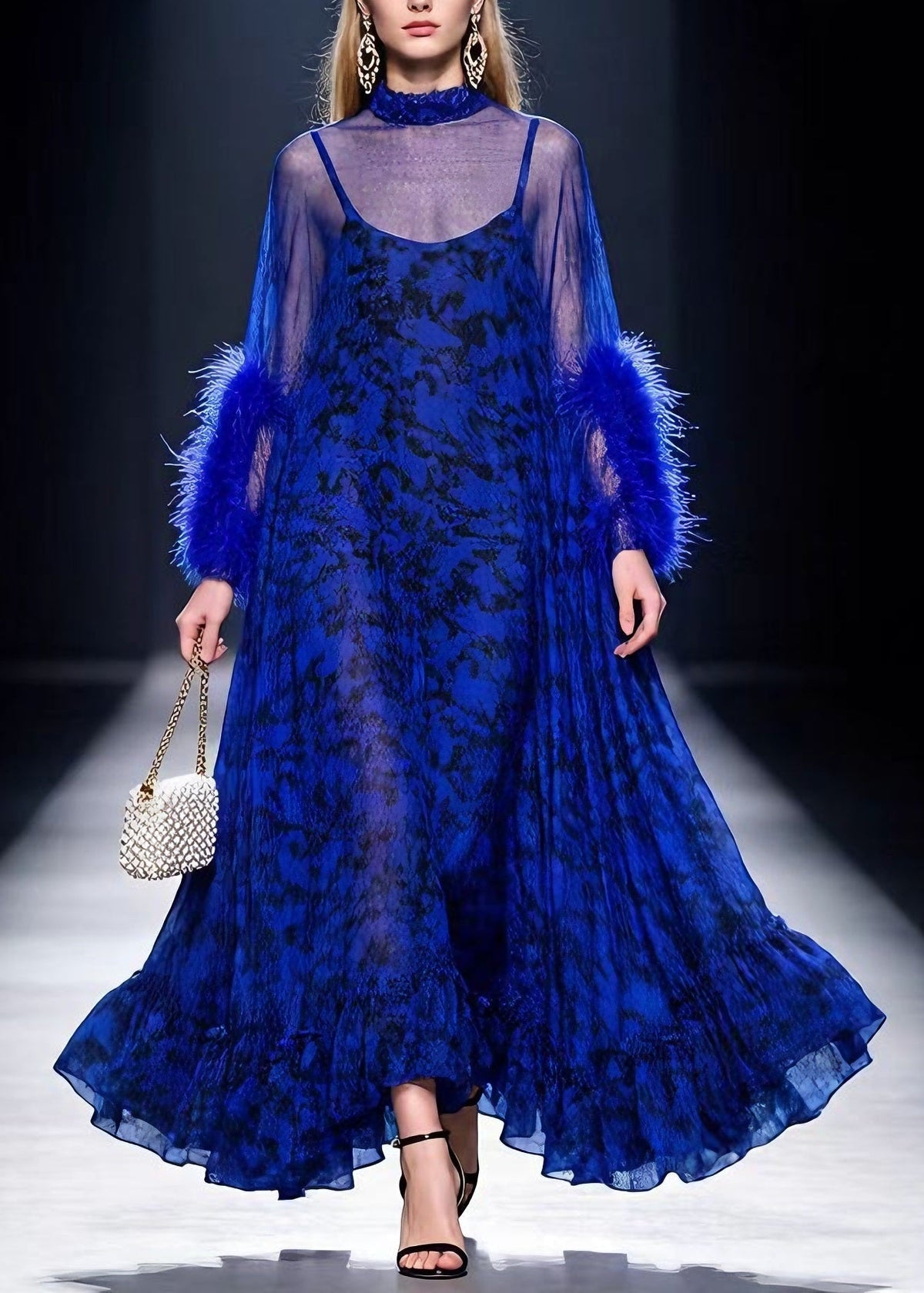 Mock Neck Feather Cuff Abstract Print Sheer Tiered Maxi Gown 5