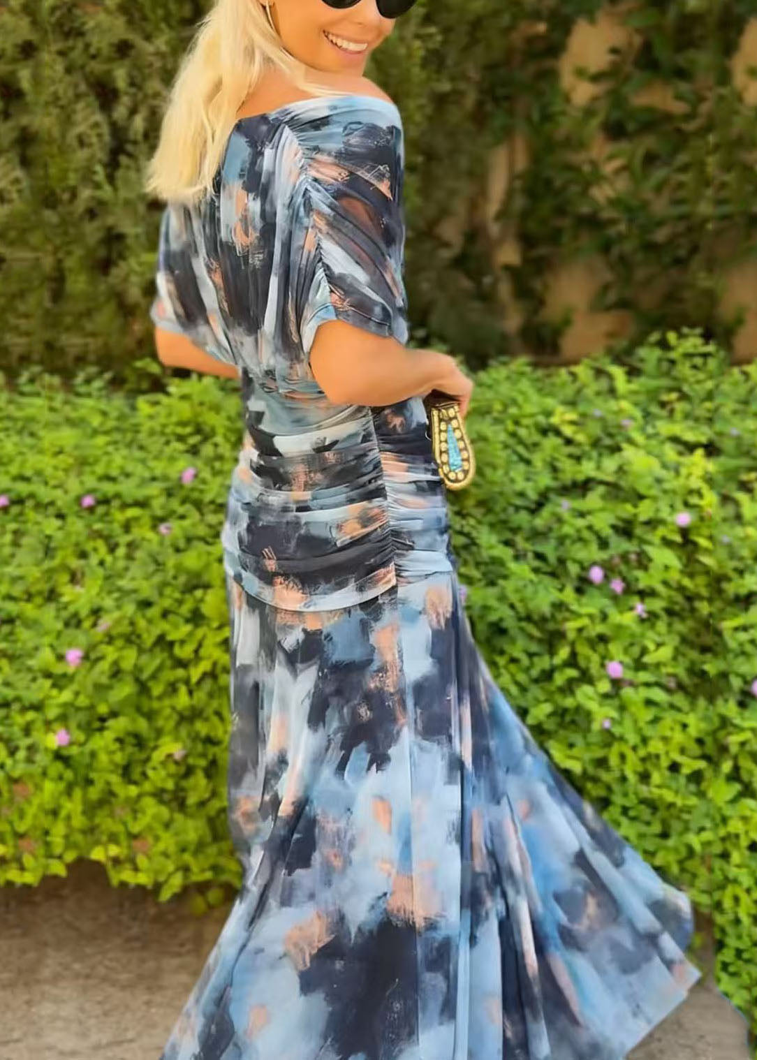 Off Shoulder Twisted Ruched Floral Print Chiffon Maxi Dress 3