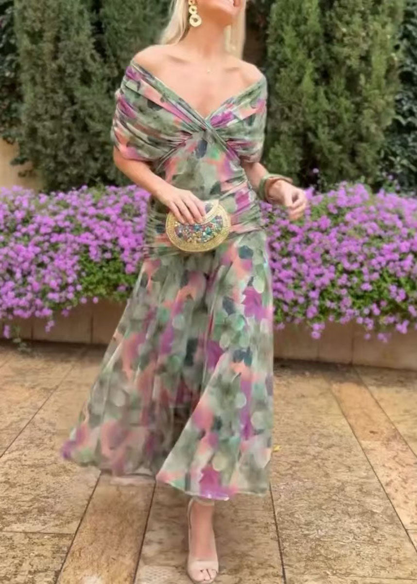 Off Shoulder Twisted Ruched Floral Print Chiffon Maxi Dress 4