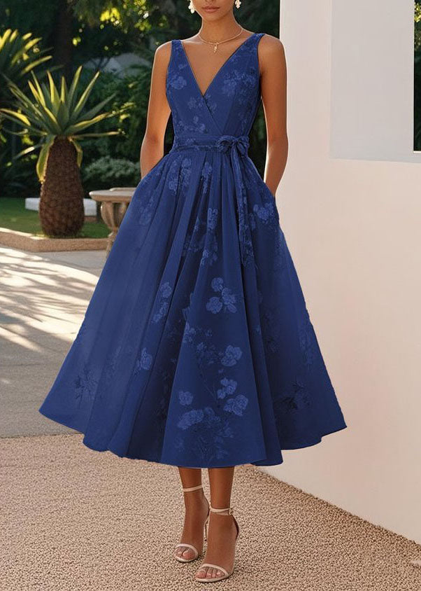 Deep V Neck Sleeveless Tonal Floral Jacquard Pleated Fit and Flare Midi Dress 3