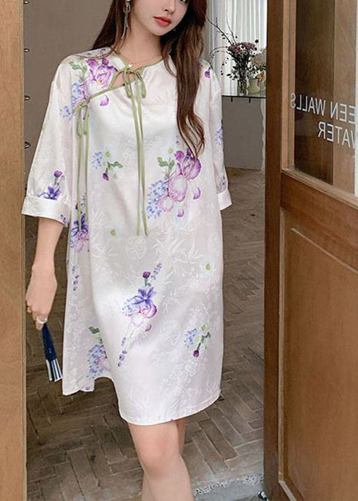 Floral Print Tie Neck Quarter Sleeve Cheongsam Midi Dress