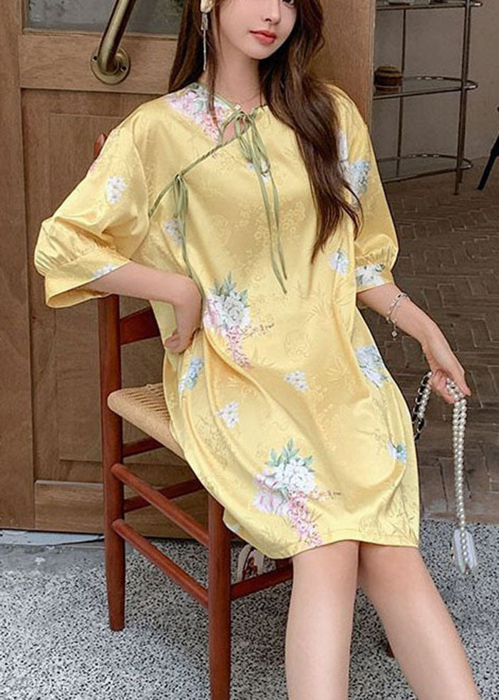 Floral Print Tie Neck Quarter Sleeve Cheongsam Midi Dress 2