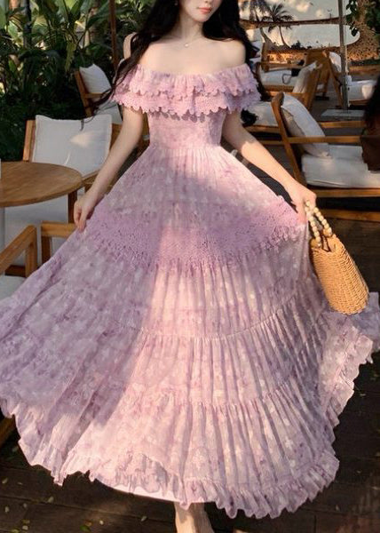 Off Shoulder Lace Band Tiered Ruffle Maxi Dress