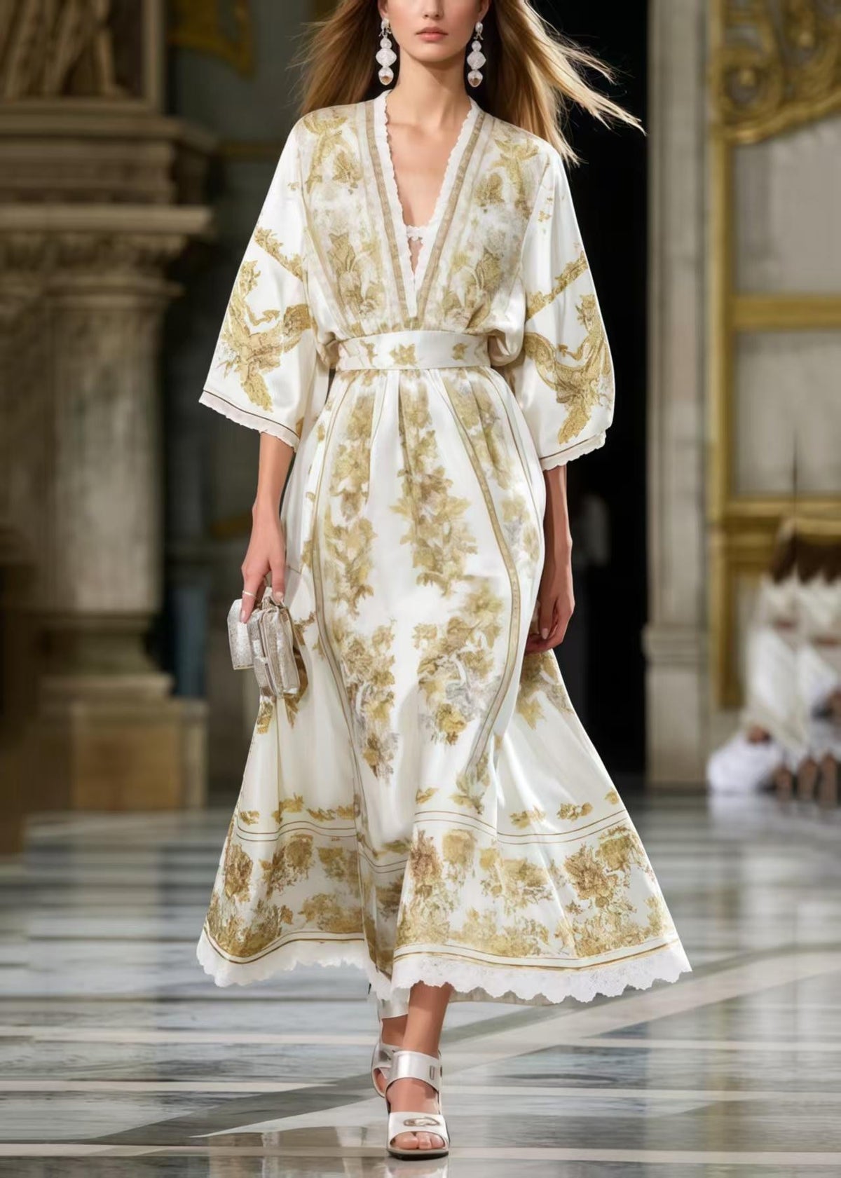 V-Neck Lace Trim Bell Sleeve Belted Scroll Floral Print Maxi Gown