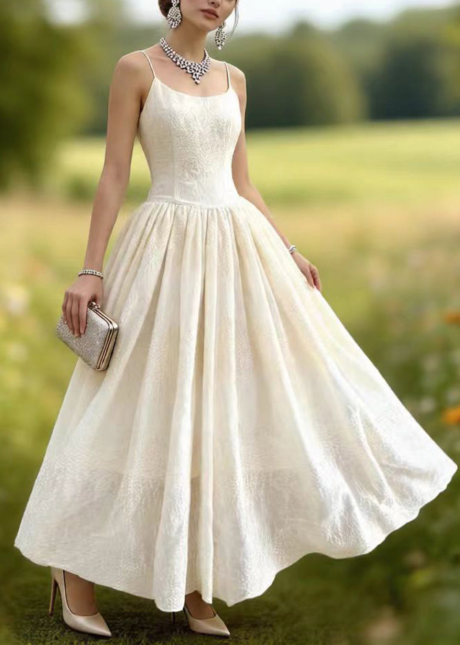 Spaghetti Strap Scoop Neck Jacquard Full Skirt Floor Length Gown 3