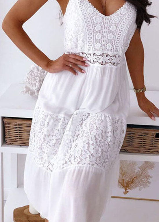 V-Neck Crochet Lace Tiered Panel Sleeveless Midi Dress 4