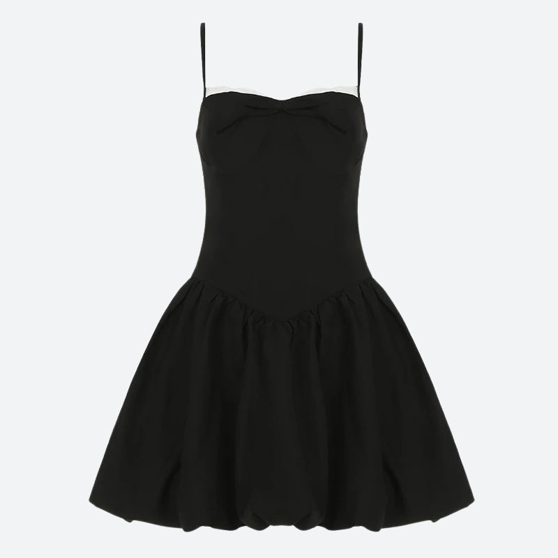 Bow Trim Scalloped Neck Spaghetti Strap Drop-Waist Bubble Hem Mini Dress 2