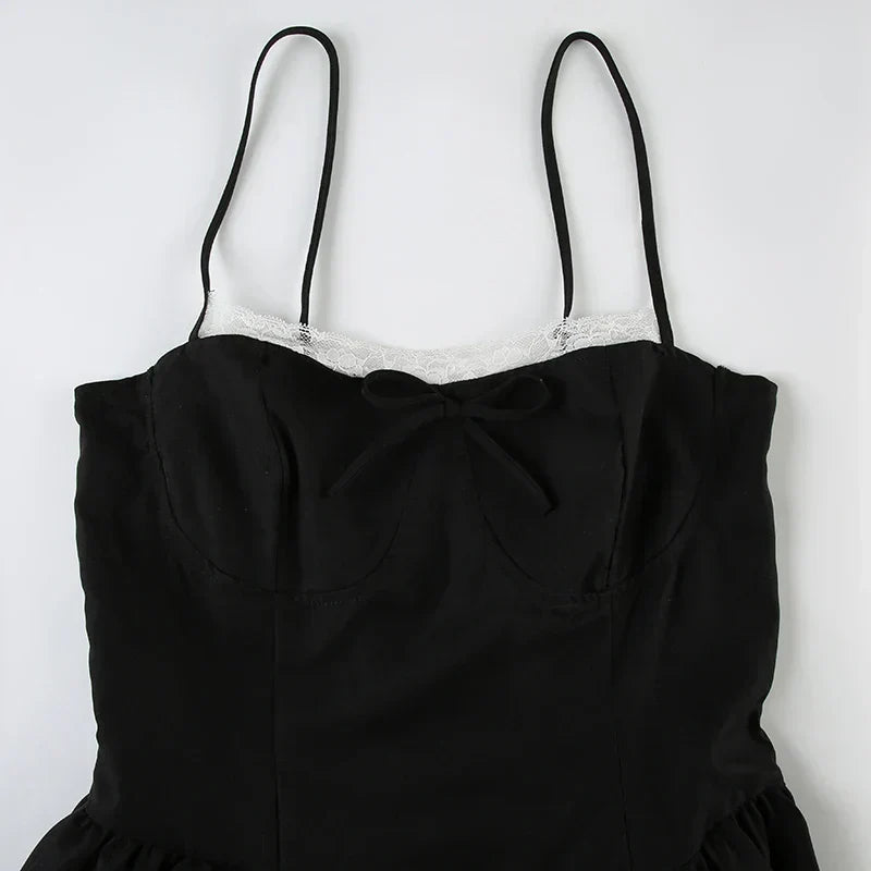 Bow Trim Scalloped Neck Spaghetti Strap Drop-Waist Bubble Hem Mini Dress 3