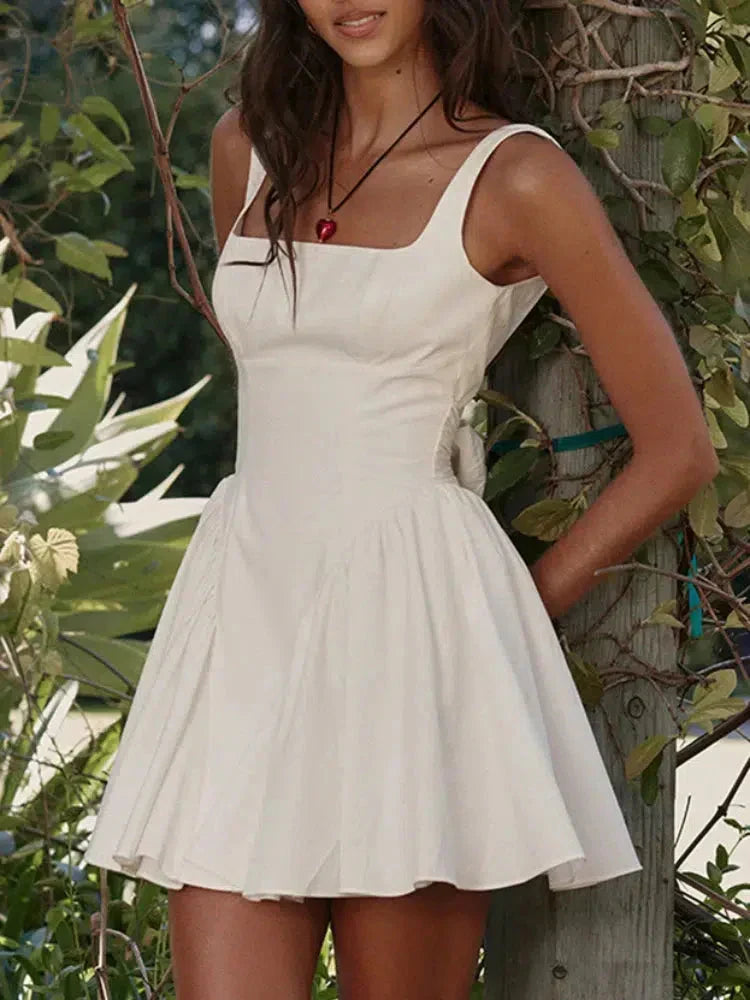 Square Neck Sleeveless Pleated Bow Back Fit and Flare Mini Dress