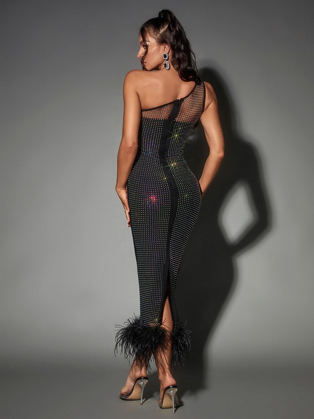 One Shoulder Mesh Panel Rhinestone Grid Feather Trim Bandage Mini Dress 5