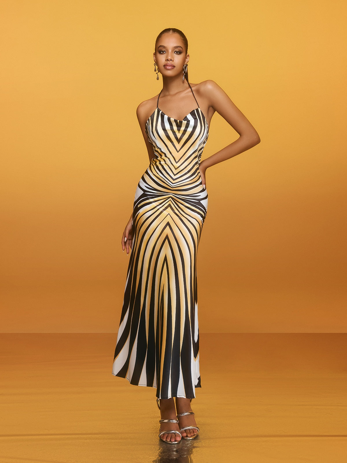 Halter Cowl Neck Chevron Stripe Ruched Waist Column Maxi Gown